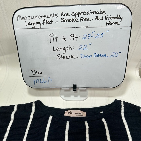 Philosophy Women Large Navy Blue White striped Crew Neck Ribbed Stretch Sweater - Picture 10 of 10